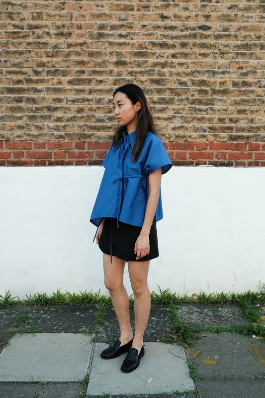 Blue Tie Front Collared Top