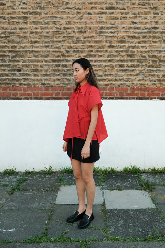 Red Tie Front Collared Top