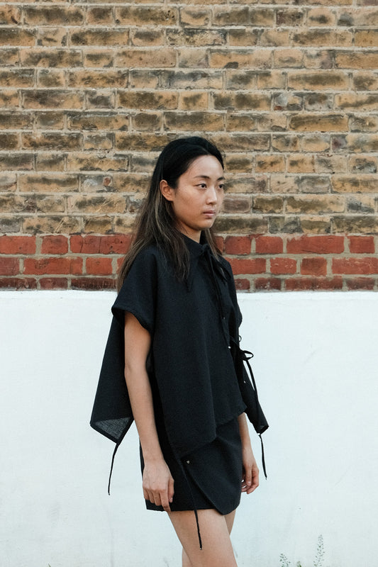 Black Tie Front Collared Top