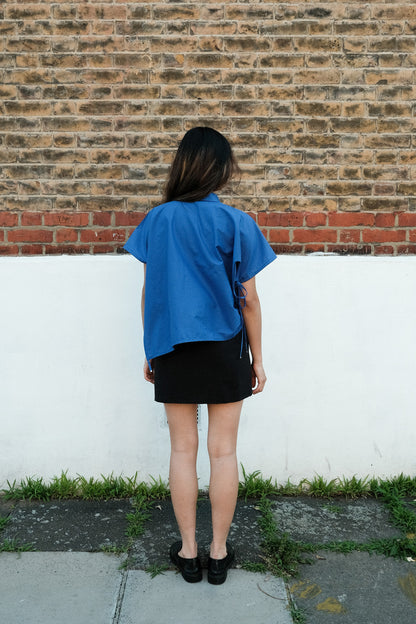 Blue Tie Front Collared Top