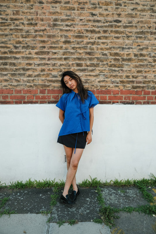 Blue Tie Front Collared Top