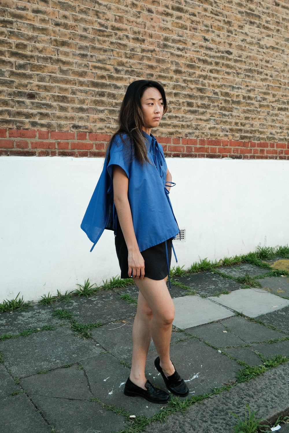 Blue Tie Front Collared Top