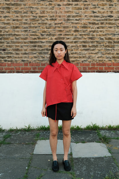 Red Tie Front Collared Top