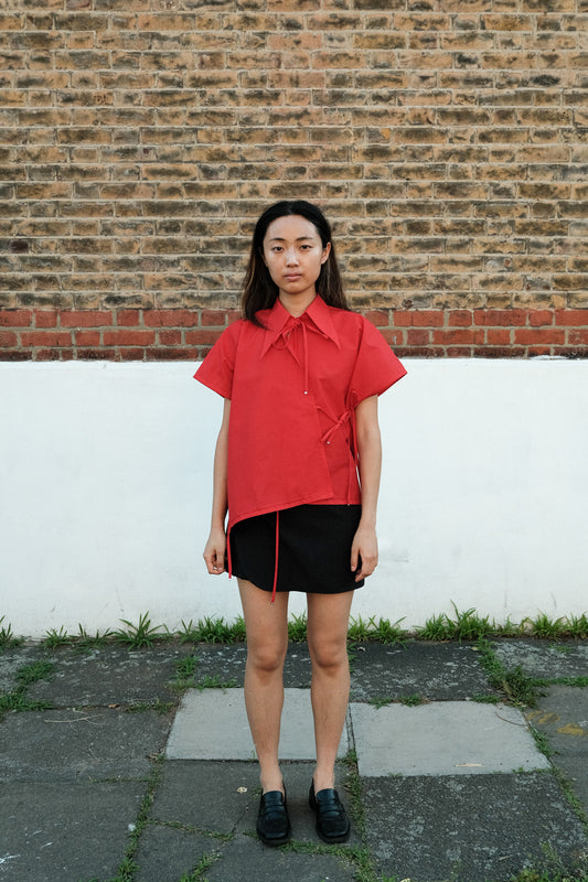 Red Tie Front Collared Top