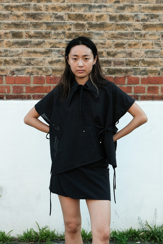 Black Tie Front Collared Top