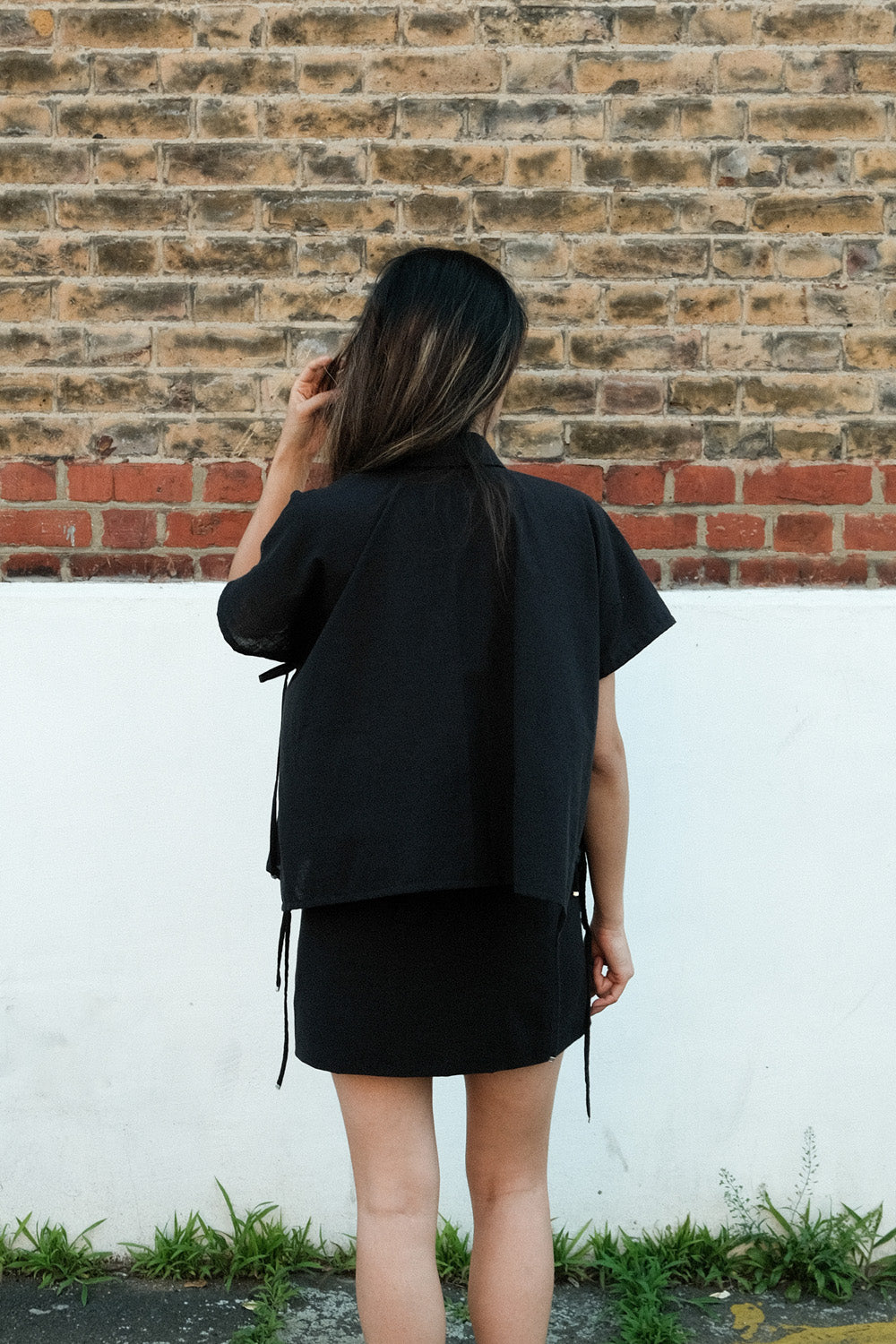 Black Tie Front Collared Top