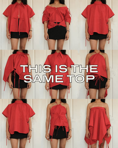 Red Tie Front Collared Top